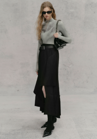 3D Pleated Stitch Slit Skirt