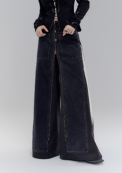 Old wash 2-way denim pants skirt