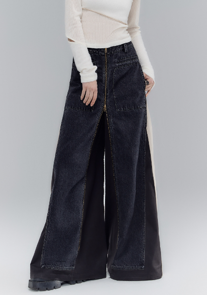 Old wash 2-way denim pants skirt