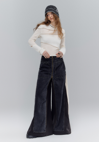 Old wash 2-way denim pants skirt