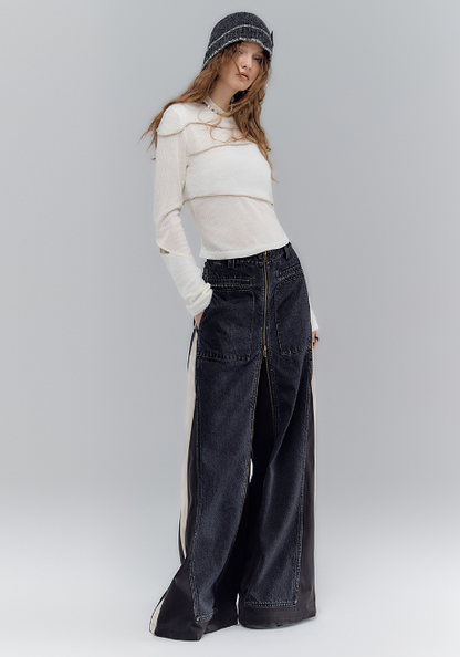 Old wash 2-way denim pants skirt