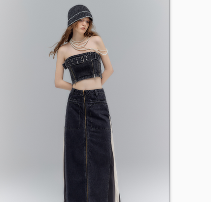 Old wash 2-way denim pants skirt