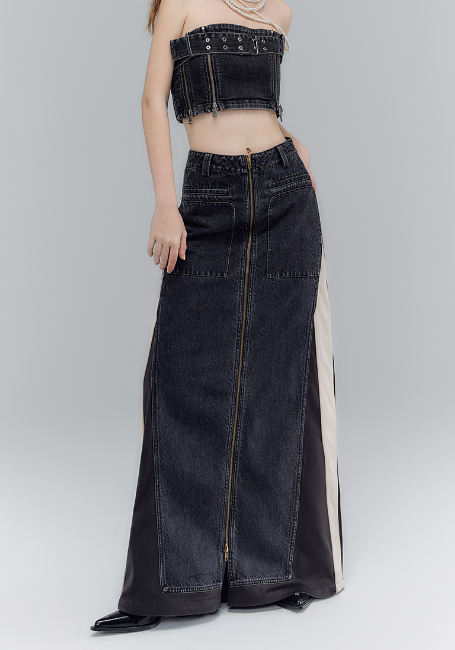 Old wash 2-way denim pants skirt