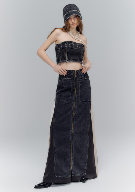 Old wash 2-way denim pants skirt