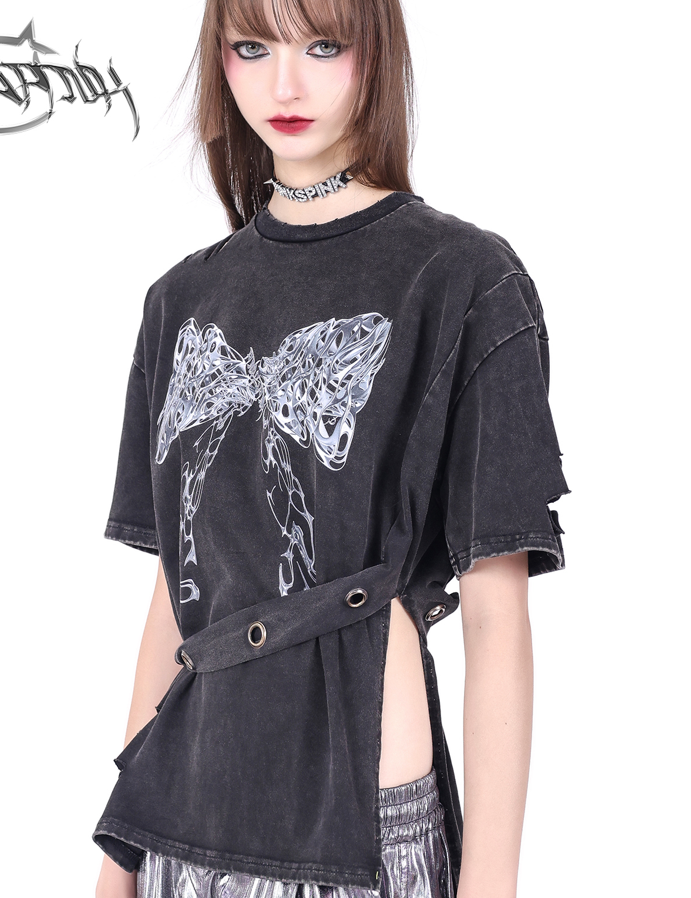 Ribbon print side cut damaged design T-shirt