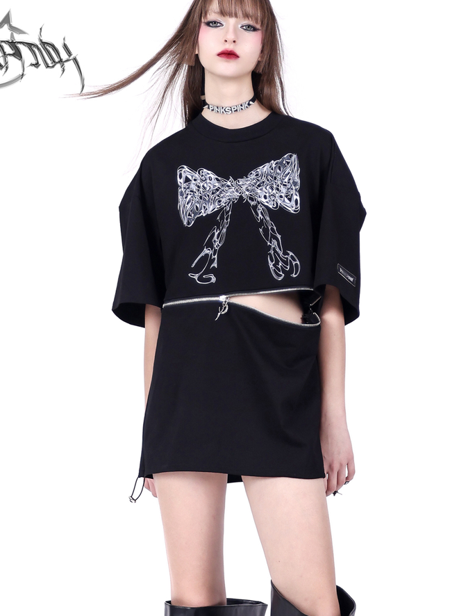 2way Center Zip Ribbon Print T-Shirt