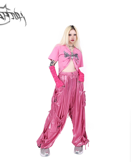 Loose metallic pants with pocket work design