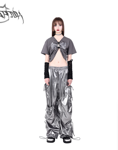 Loose metallic pants with pocket work design