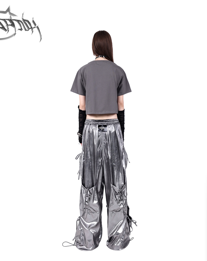 Loose metallic pants with pocket work design