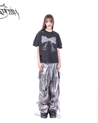 Loose metallic pants with pocket work design