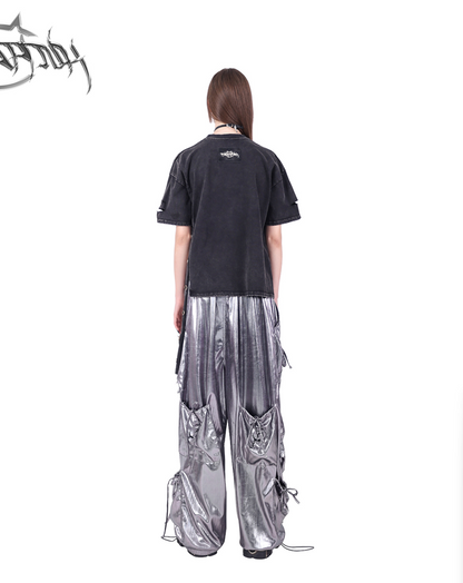 Loose metallic pants with pocket work design