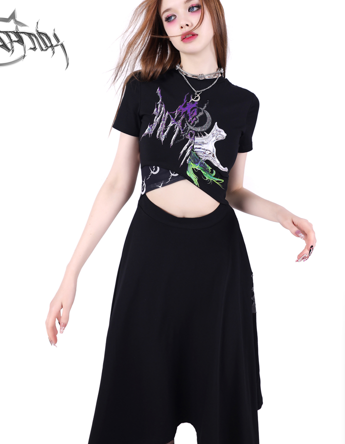 Waist cut cat print T-shirt dress