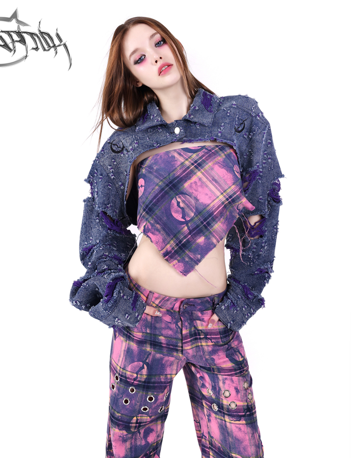 Moon Metal Design Check Loose Pants