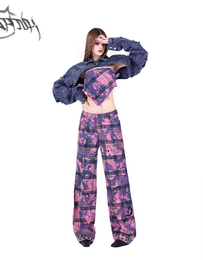 Moon Metal Design Check Loose Pants