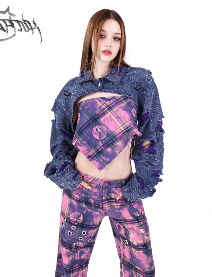 Moon Metal Design Check Loose Pants