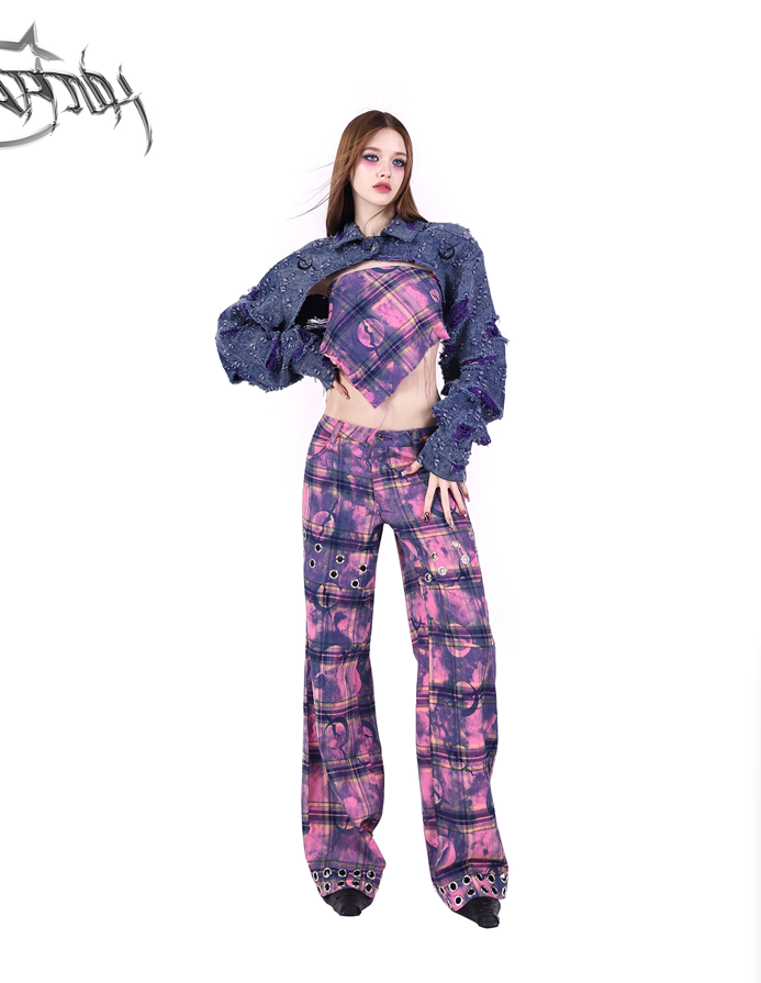 Moon Metal Design Check Loose Pants