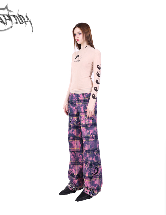 Moon Metal Design Check Loose Pants