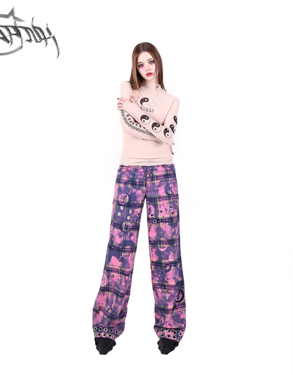 Moon Metal Design Check Loose Pants