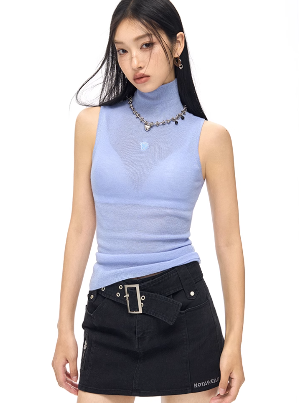 Turtleneck Slim Sleeveless Knit Top