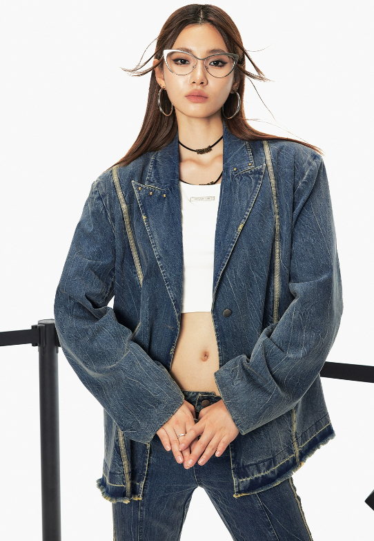 Line Design Denim Suit Jacket