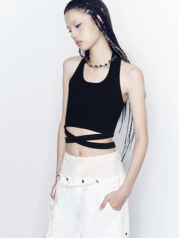 Waist Cross Strap Halter Neck Top & Cut & Sewn