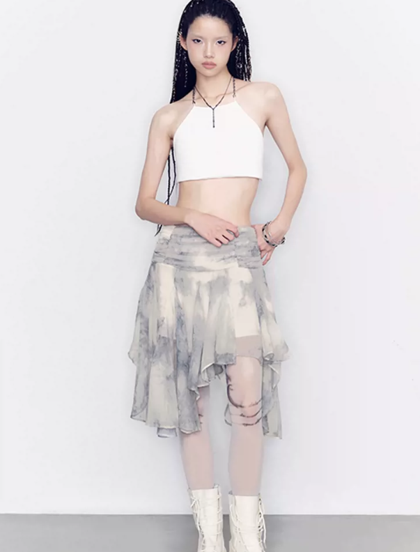 Tie-dye see-through top & ruffle skirt set-up