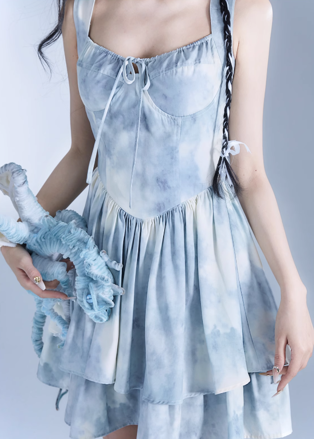 Tie-dye Dyed Ribbon Ruffle Dress