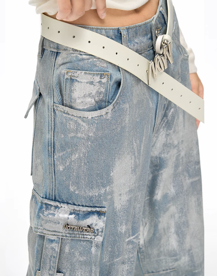 Silver coated cargo straight denim