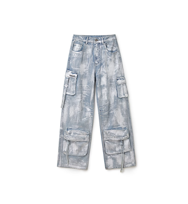 Silver coated cargo straight denim