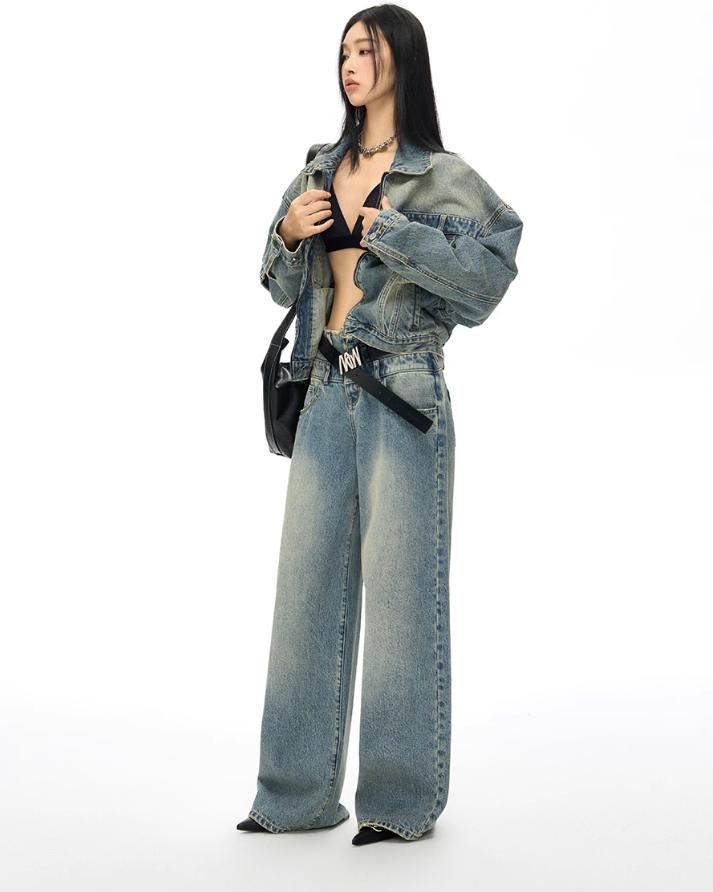 High Waist Double Waist Straight Wide Denim