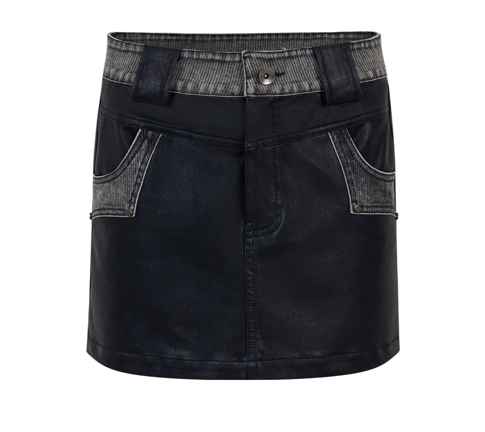 Denim Patch Leather Short Skirt