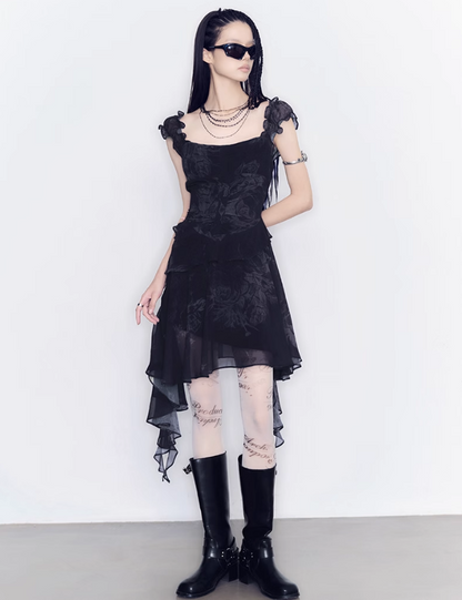 Sheer Frilled Black Dress