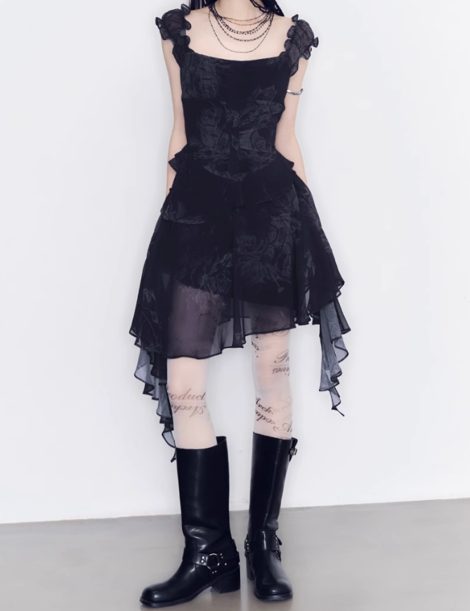 Sheer Frilled Black Dress