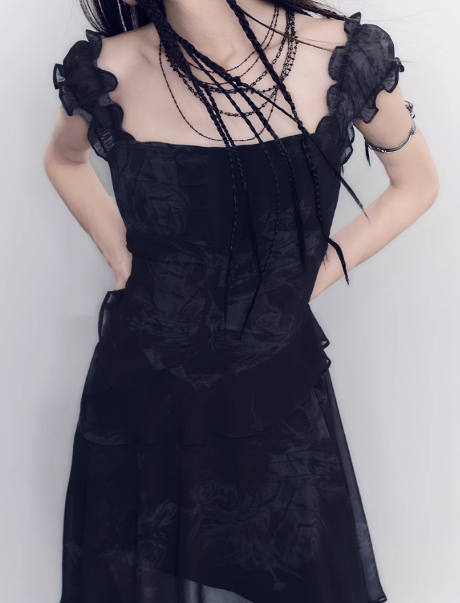 Sheer Frilled Black Dress