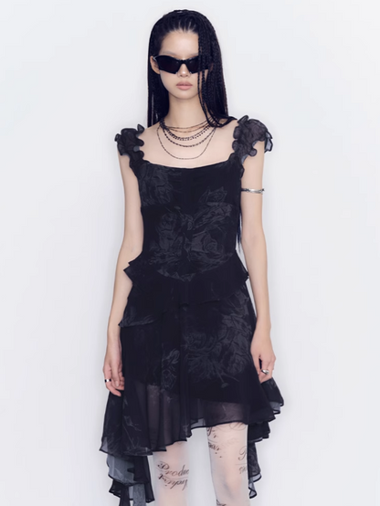 Sheer Frilled Black Dress