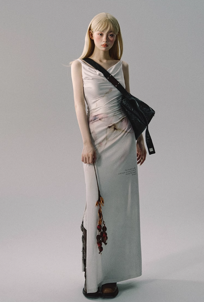 Stretch Knit Fabric Slit Floral Watercolor Dress