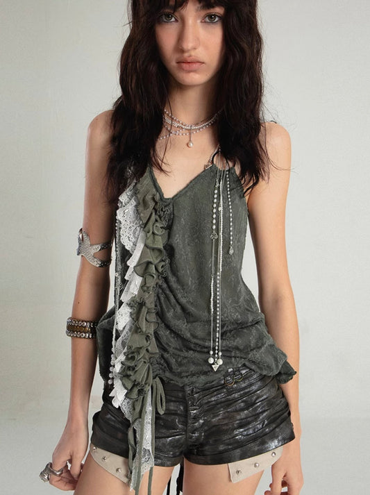 Spliced Ruffle Lace Dark Jacquard Camisole Tank Top