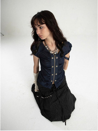 Pleated Waisted Princess Sleeve Short Sleeve Shirt