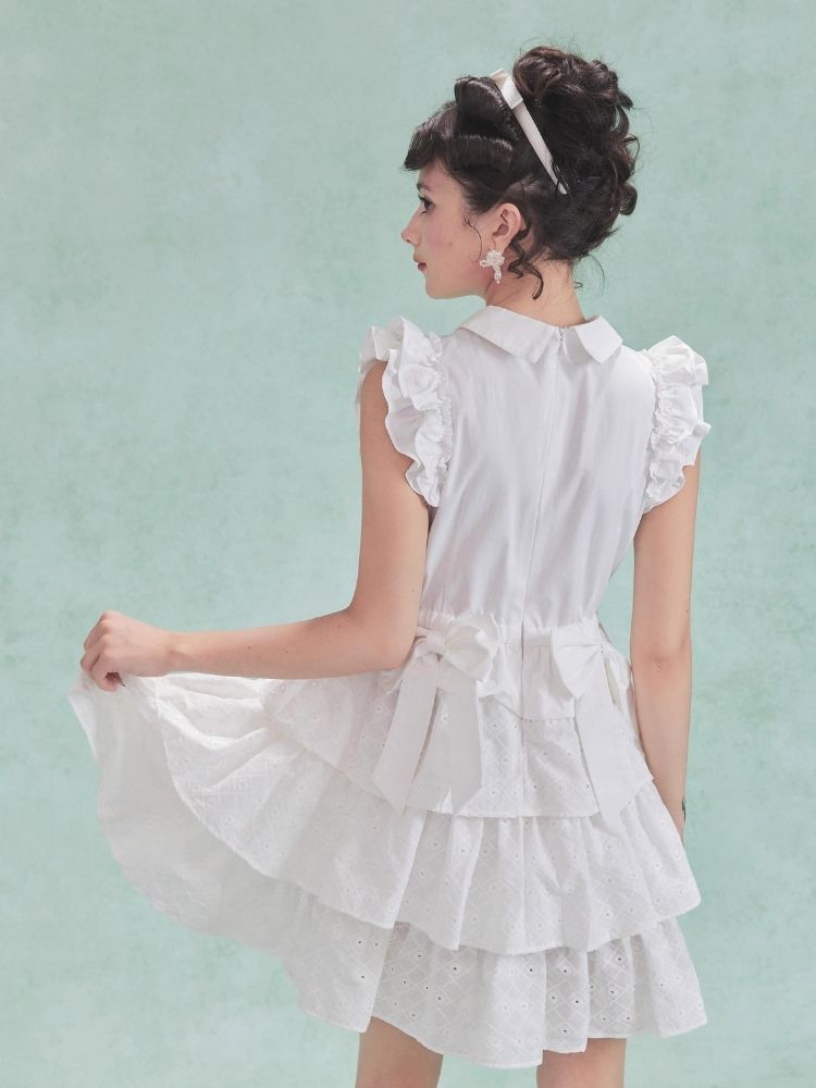 Fly Sleeve Patchwork Lace Bow Cake Tank Dress