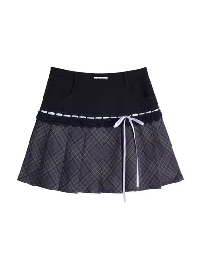 Check Ribbon Pleated Skirt