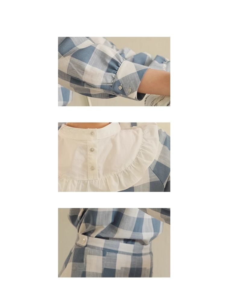 Standing Collar Check Linen Cotton Shirt/Pleated Skirt Set