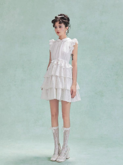 Fly Sleeve Patchwork Lace Bow Cake Tank Dress