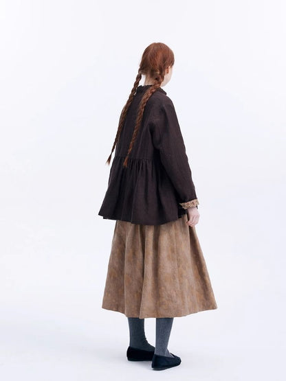 Dark jacquard khaki cotton linen half skirt