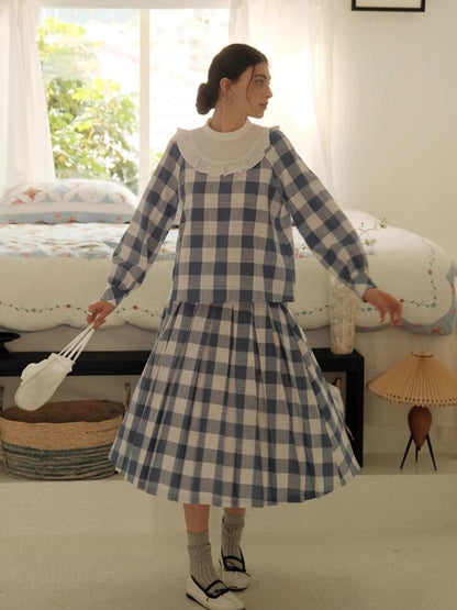 Standing Collar Check Linen Cotton Shirt/Pleated Skirt Set