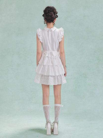 Fly Sleeve Patchwork Lace Bow Cake Tank Dress