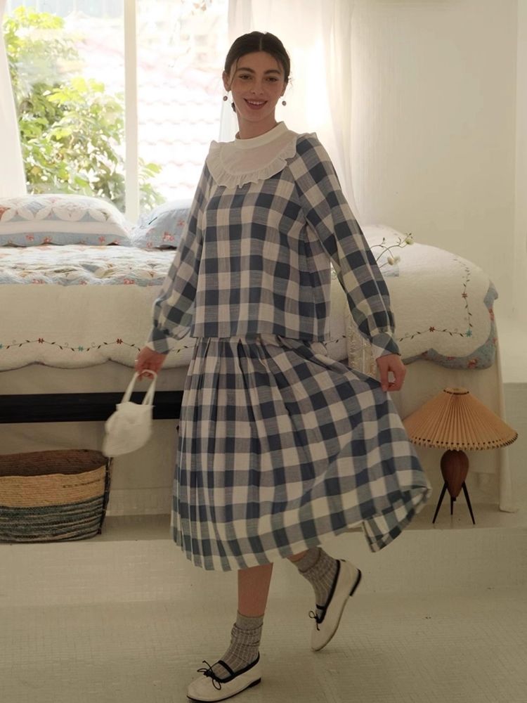 Standing Collar Check Linen Cotton Shirt/Pleated Skirt Set