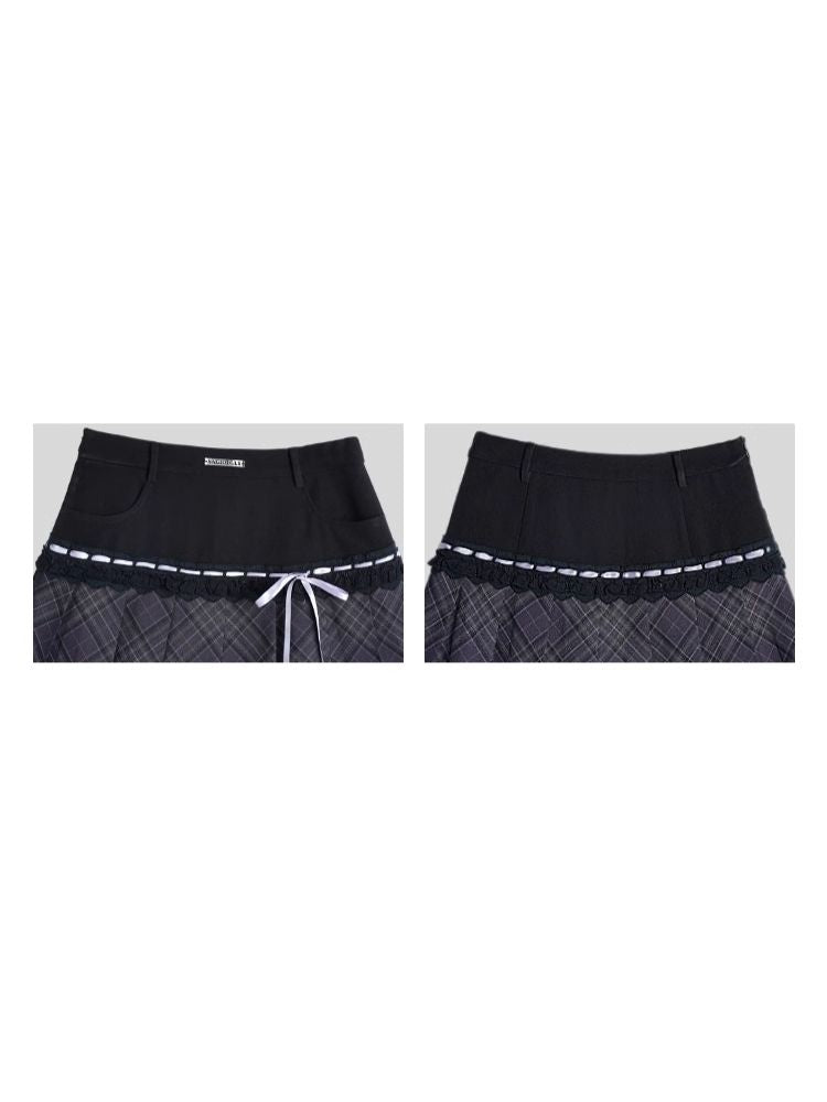 Check Ribbon Pleated Skirt