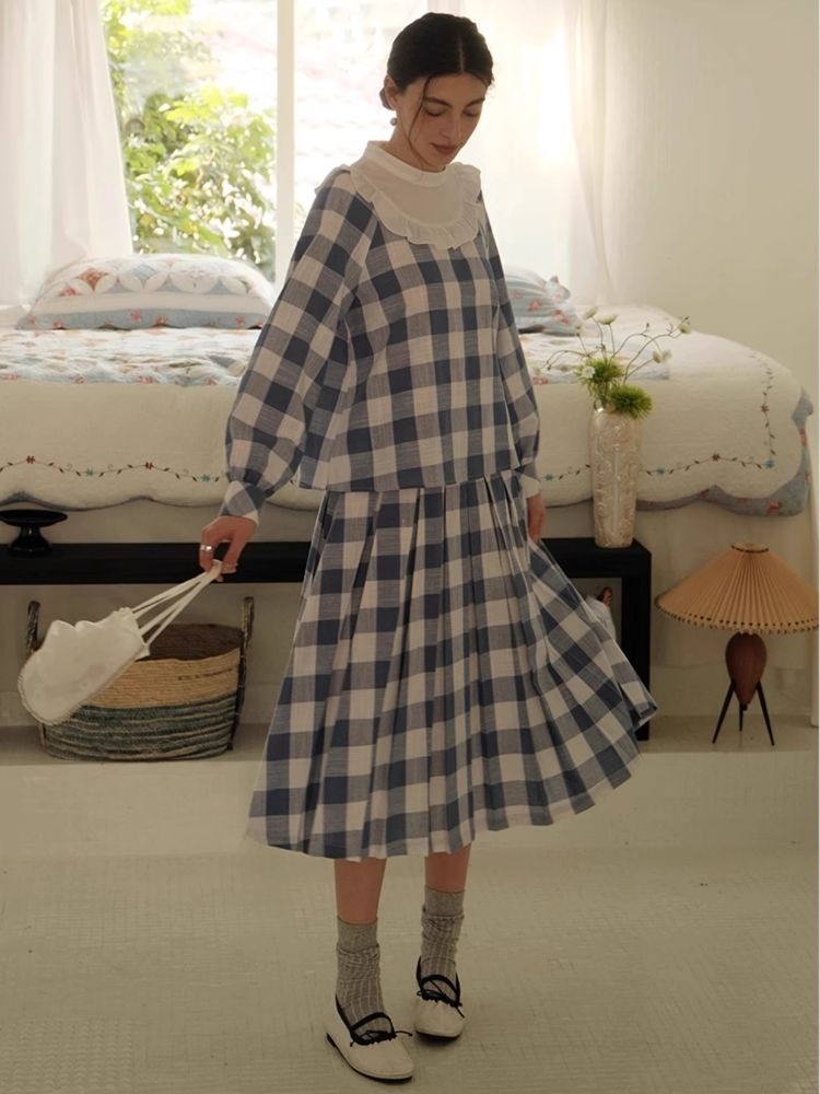 Standing Collar Check Linen Cotton Shirt/Pleated Skirt Set