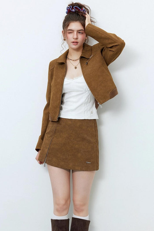 Caramel Brown Faux Suede Jacket Set-Up