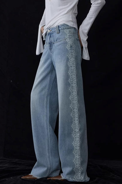 Lace Print Raw Hem Jeans